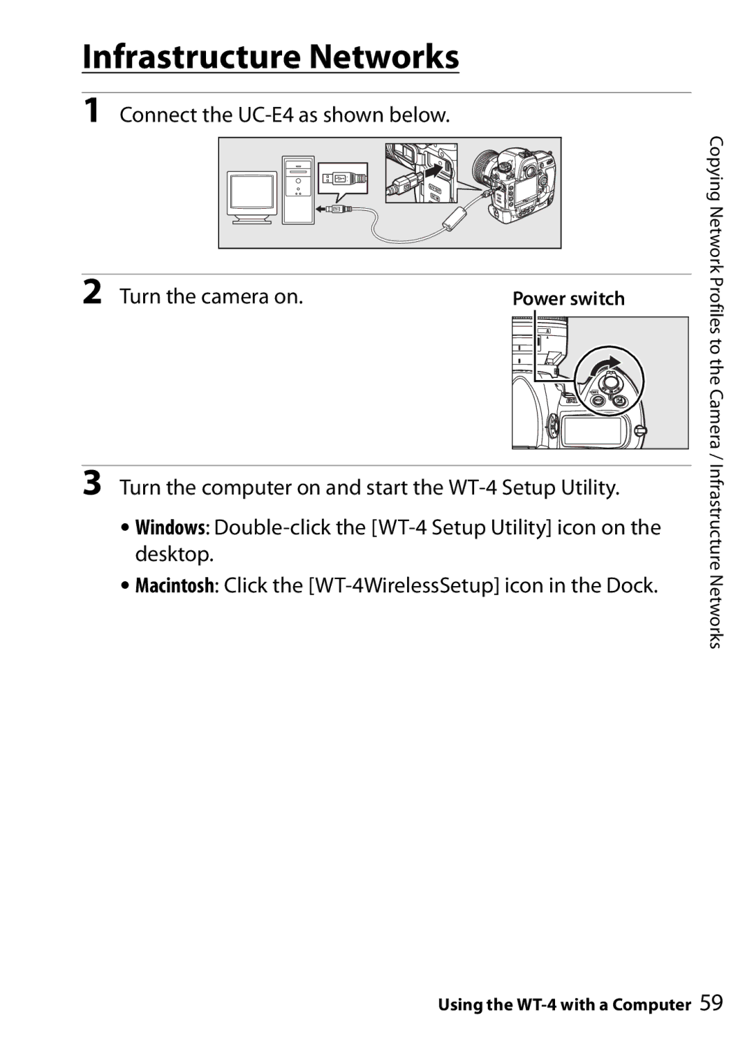 Nikon user manual Infrastructure Networks, Macintosh Click the WT-4WirelessSetup icon in the Dock 