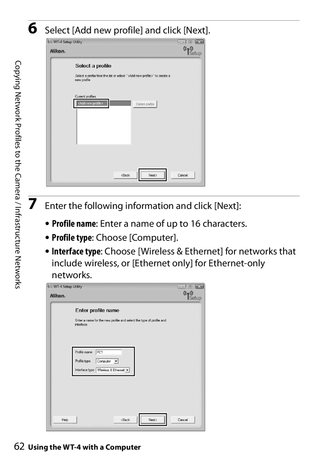 Nikon WT-4 user manual Select Add new profile and click Next 