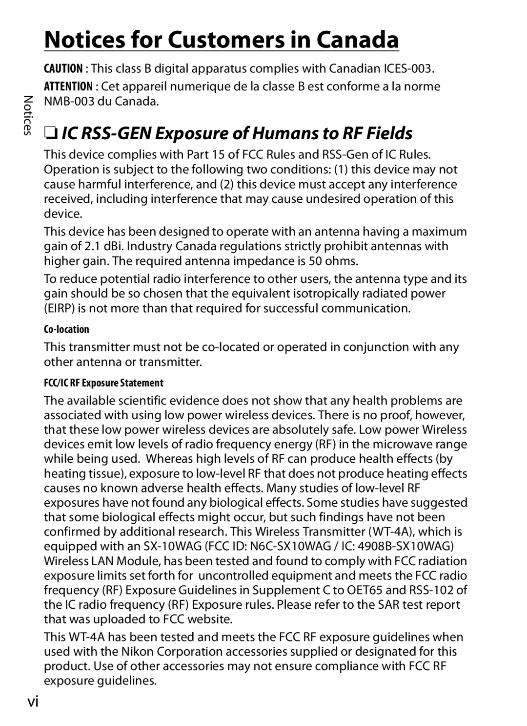 Nikon WT-4 user manual IC RSS-GEN Exposure of Humans to RF Fields 