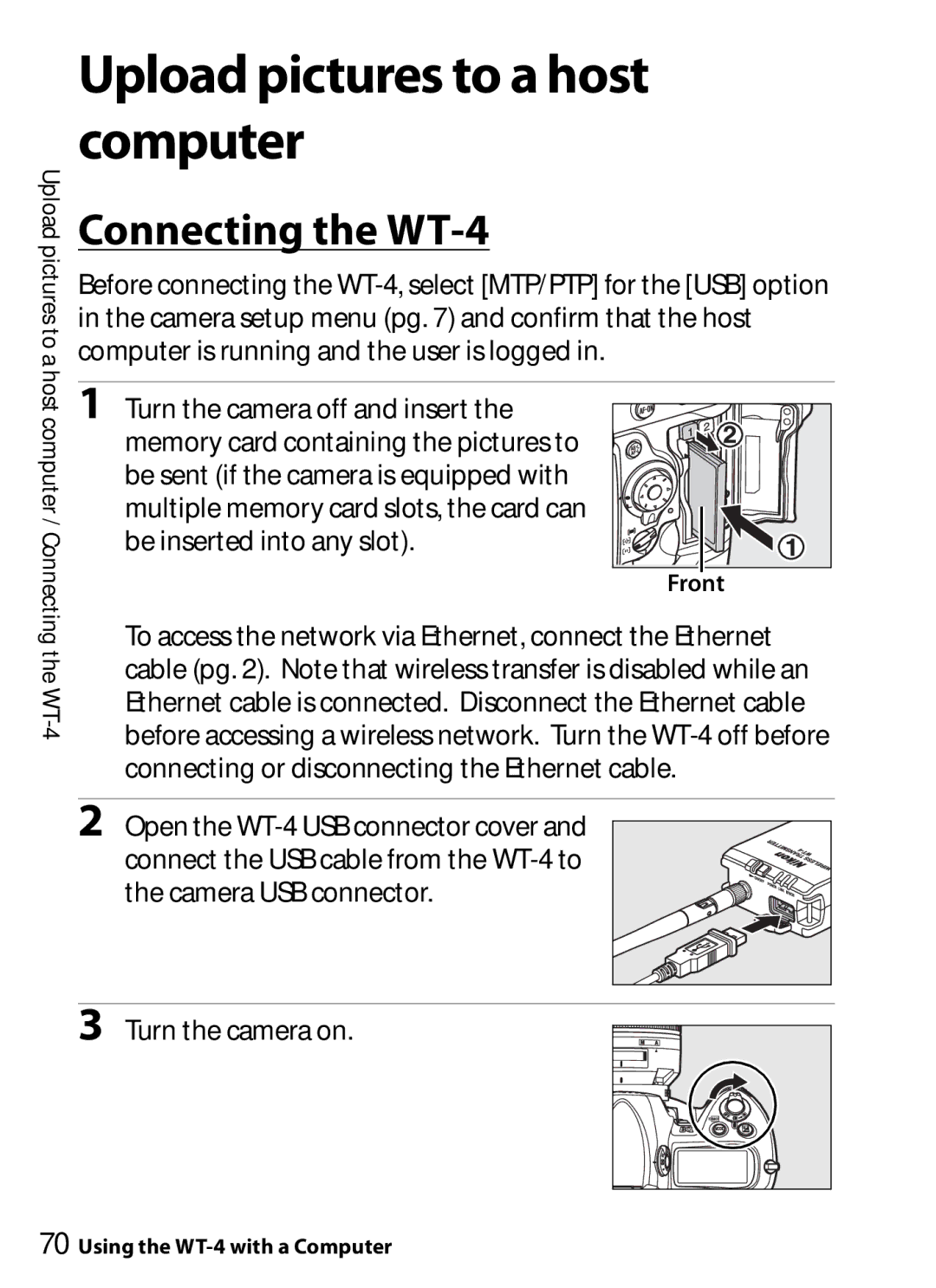 Nikon user manual Upload pictures to a host computer, Connecting the WT-4 