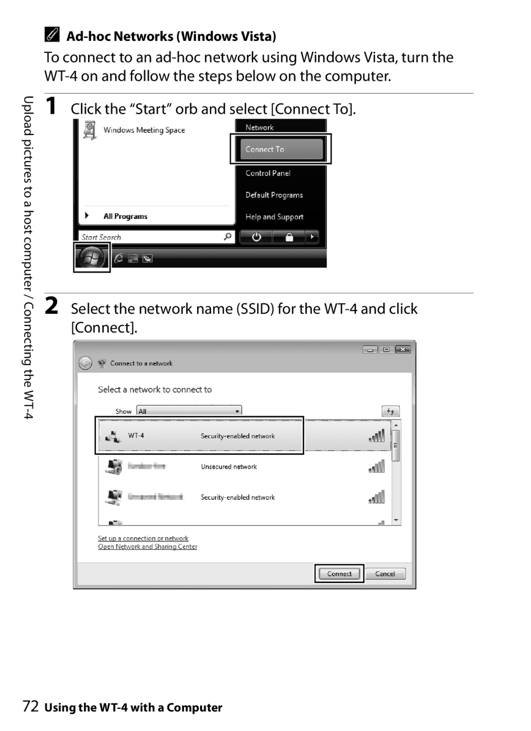 Nikon WT-4 user manual Ad-hoc Networks Windows Vista 