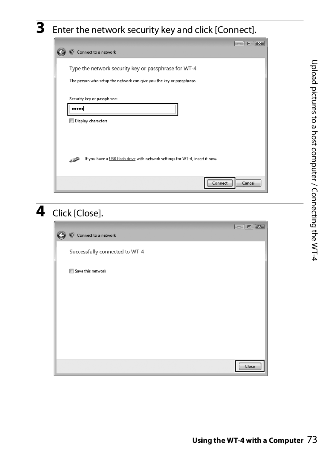 Nikon WT-4 user manual Enter the network security key and click Connect Click Close 