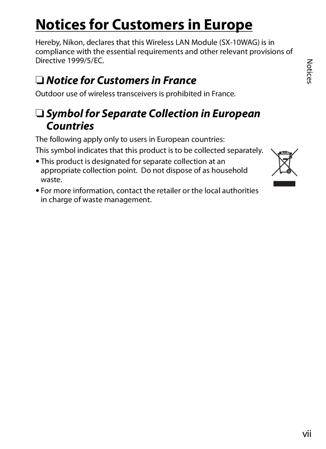 Nikon WT-4 user manual Symbol for Separate Collection in European Countries 