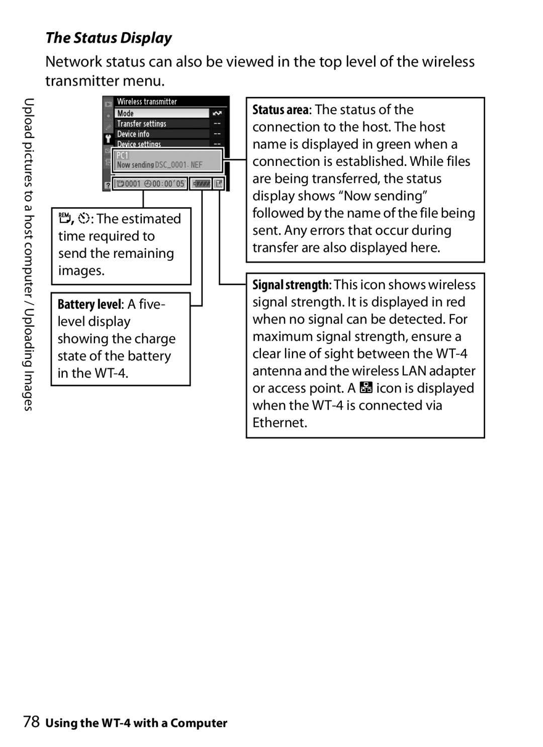 Nikon WT-4 user manual Status Display, Battery level a five 