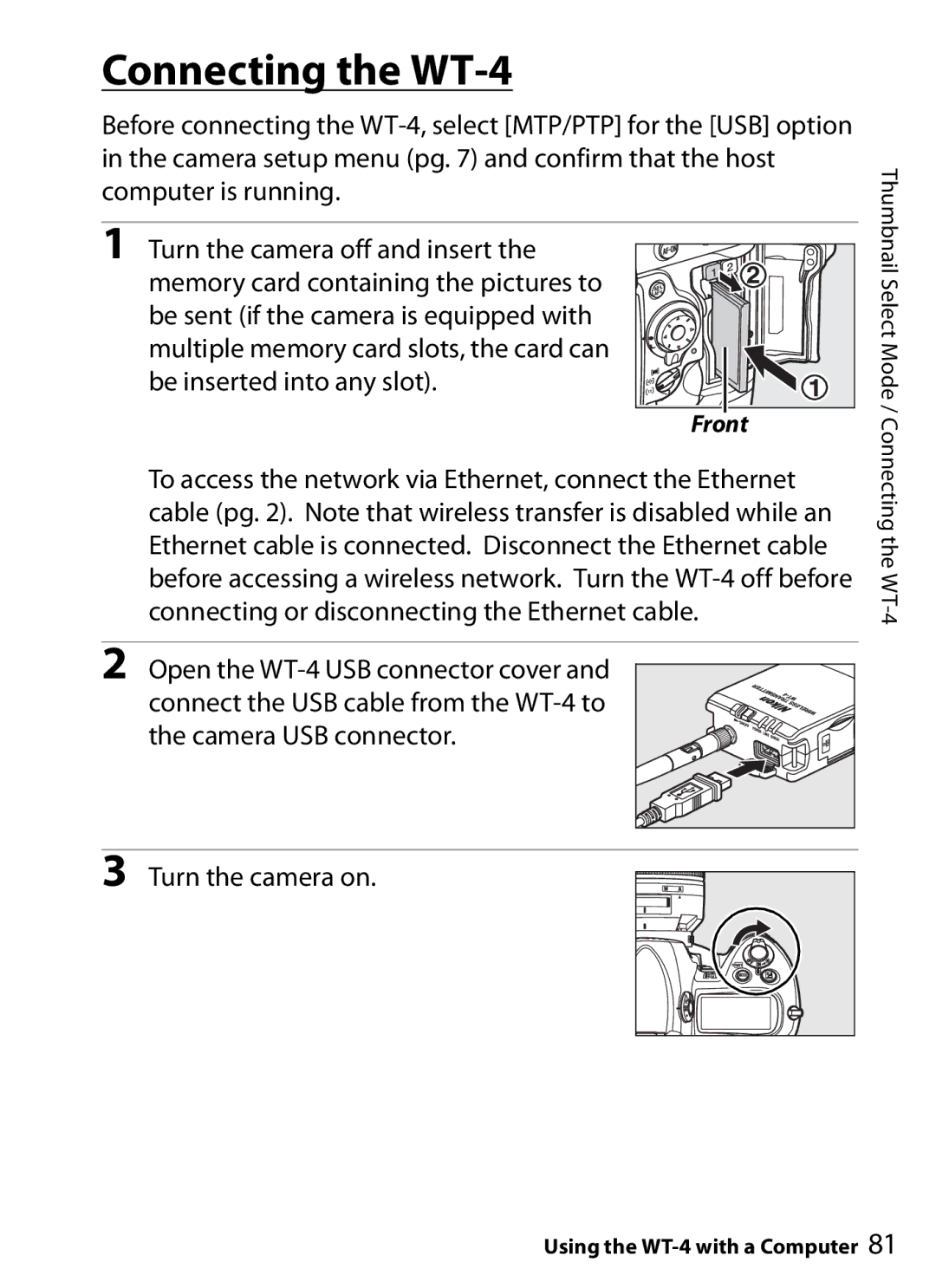 Nikon user manual Connecting the WT-4, Front 