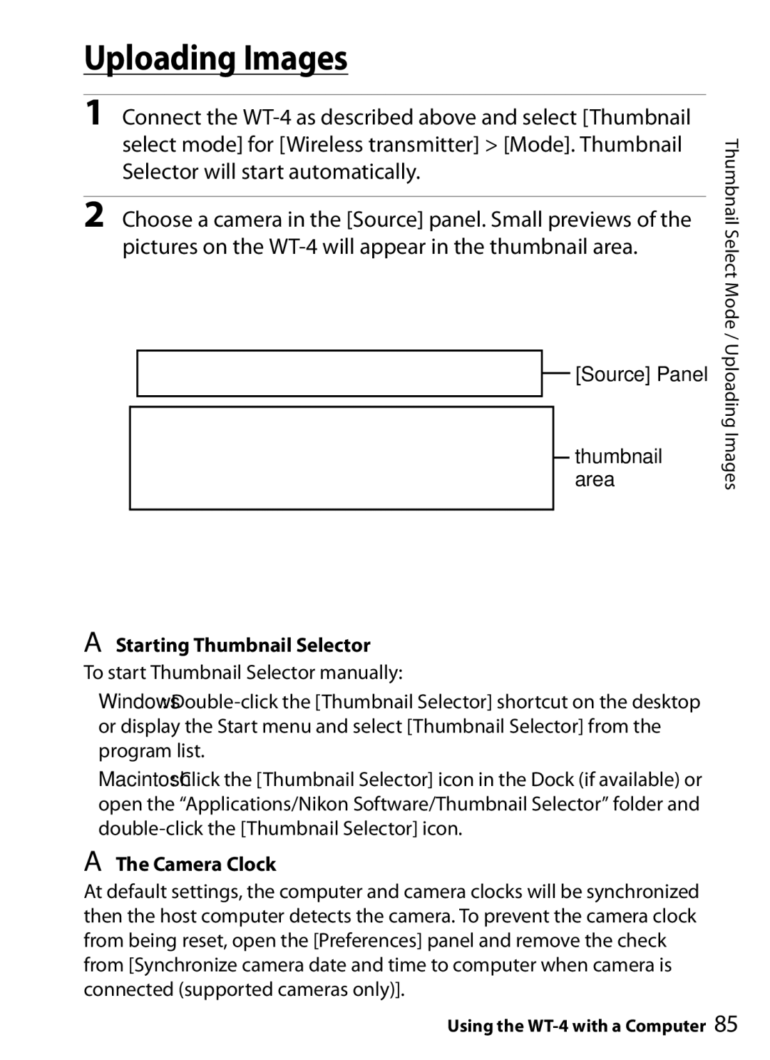 Nikon WT-4 user manual Source Panel Thumbnail area Starting Thumbnail Selector, Camera Clock 