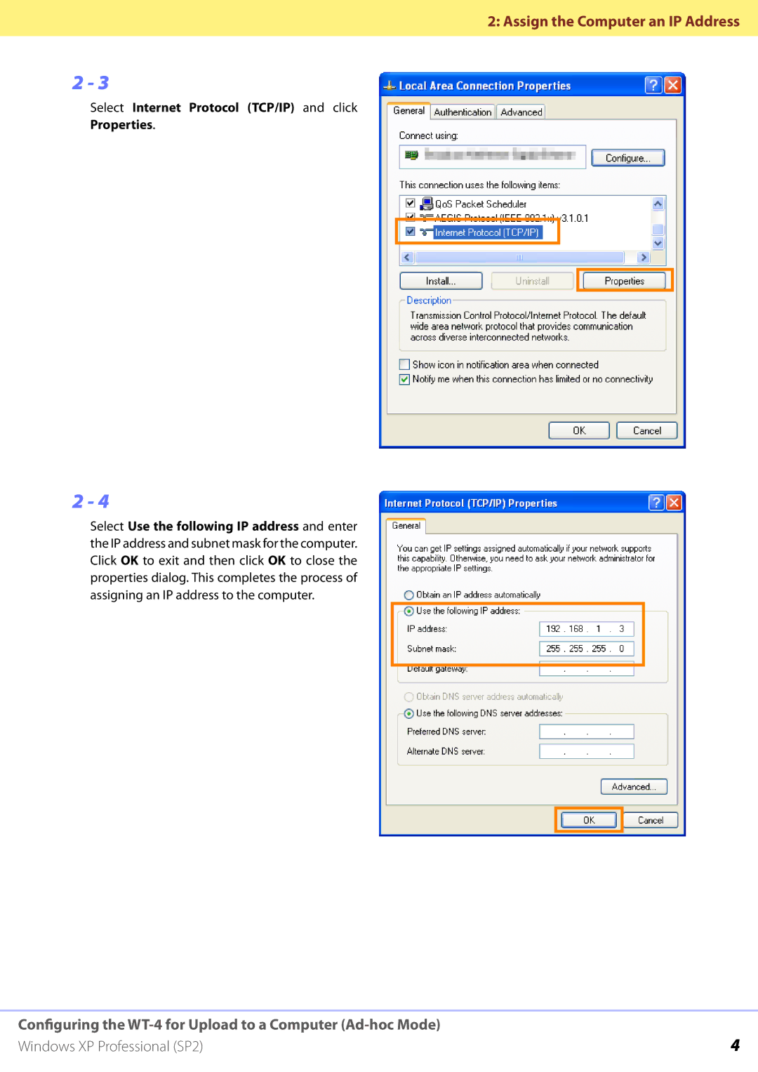 Nikon WT-4 manual Select Internet Protocol TCP/IP and click Properties 