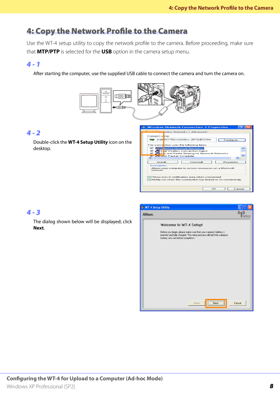 Nikon WT-4 manual Copy the Network Profile to the Camera 