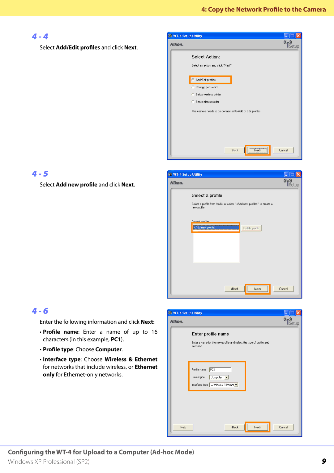 Nikon WT-4 manual Profile type Choose Computer 