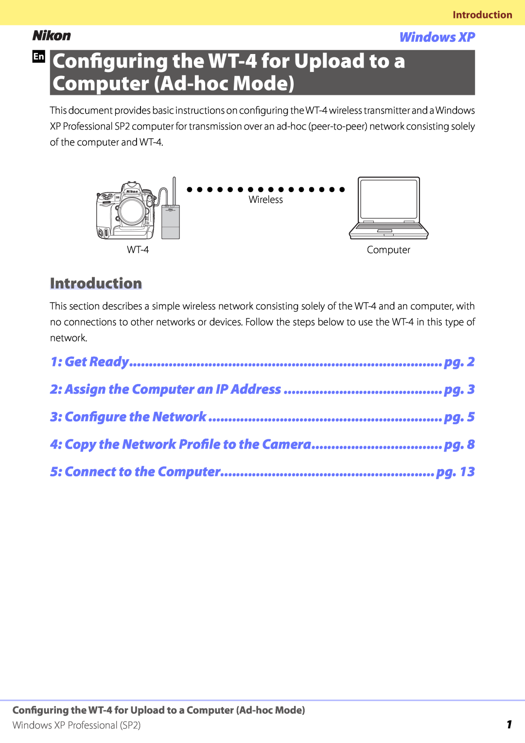 Nikon manual Introduction, Windows XP Professional SP2, En Configuring the WT-4for Upload to a, Computer Ad-hocMode 