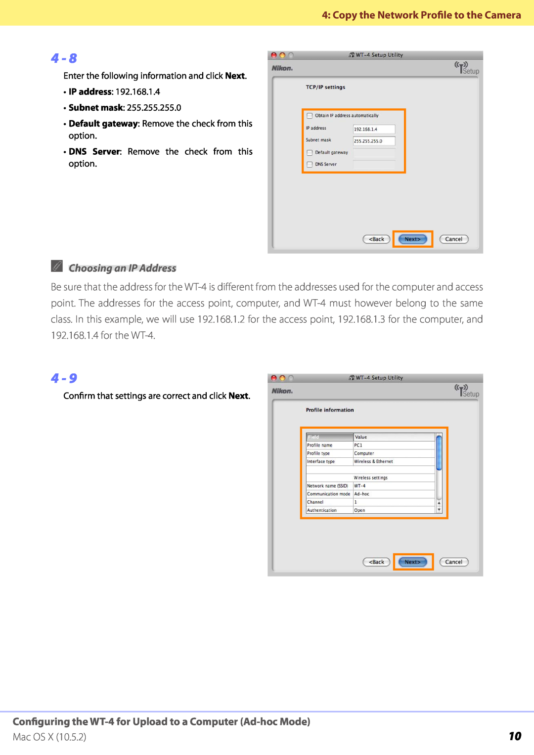 Nikon WT-4 manual A Choosing an IP Address, Mac OS 