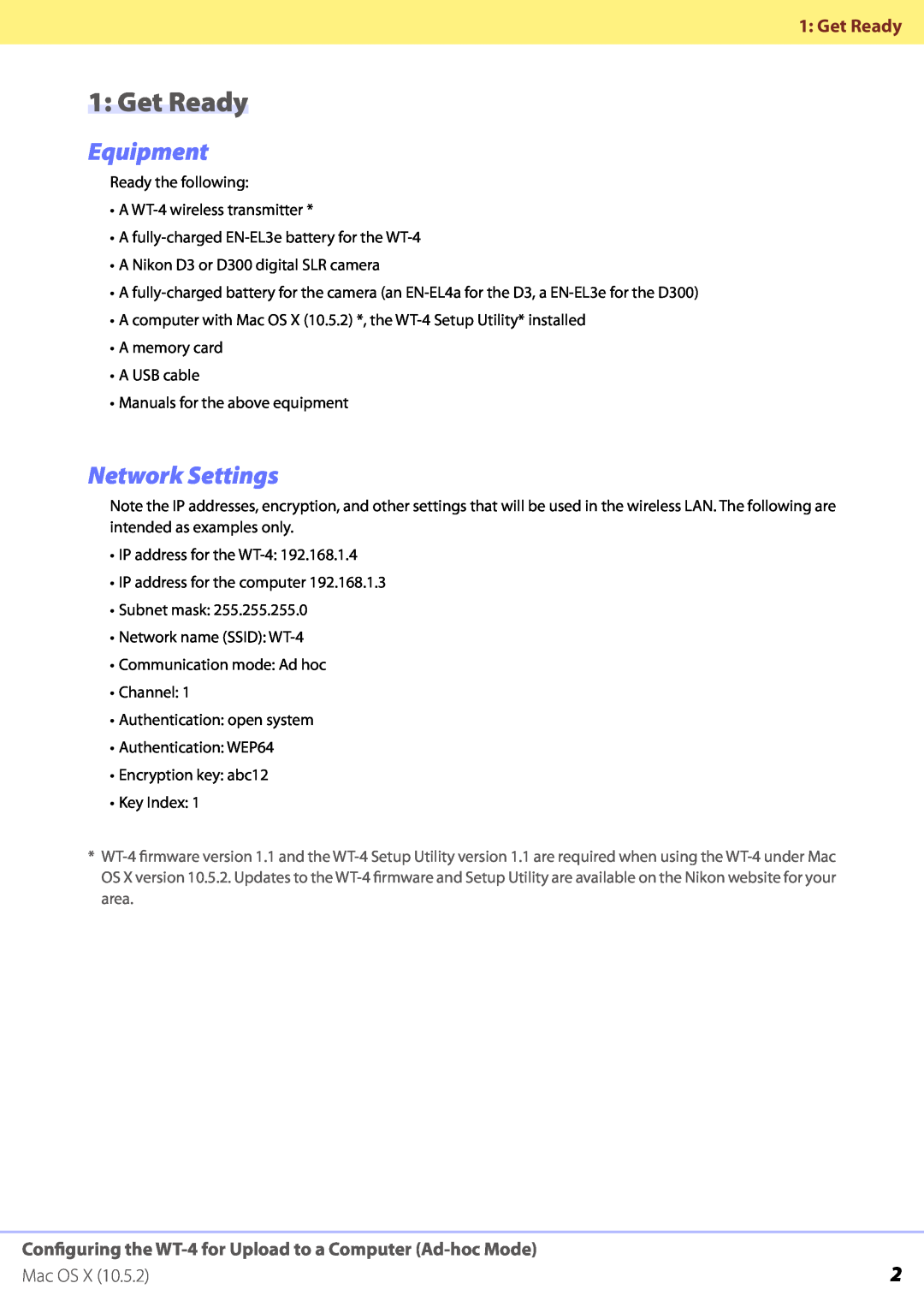 Nikon WT-4 manual 1: Get Ready, Equipment, Network Settings, Mac OS 