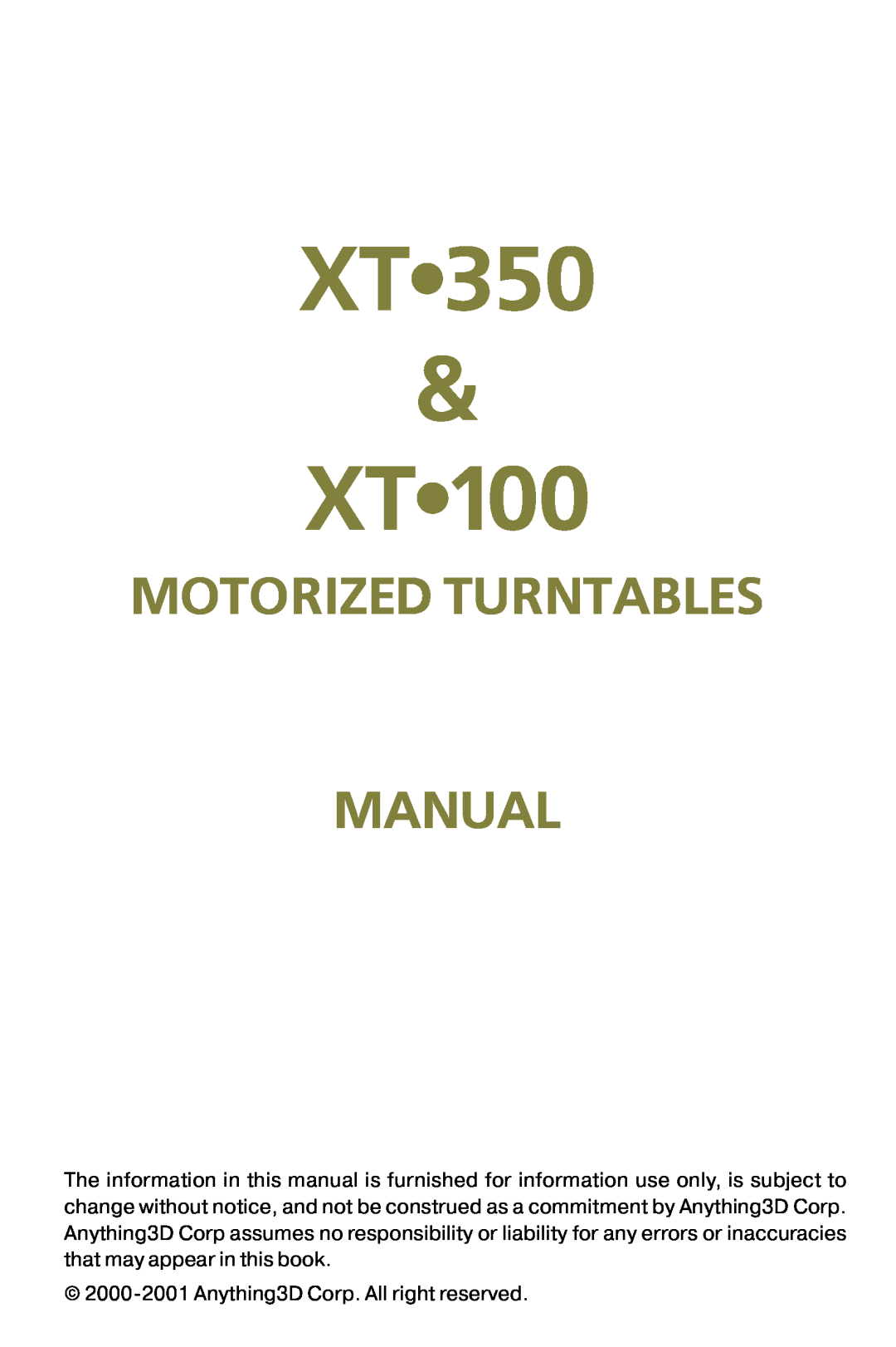 Nikon XT100, XT350 manual XT 350 & XT, Motorized Turntables Manual 