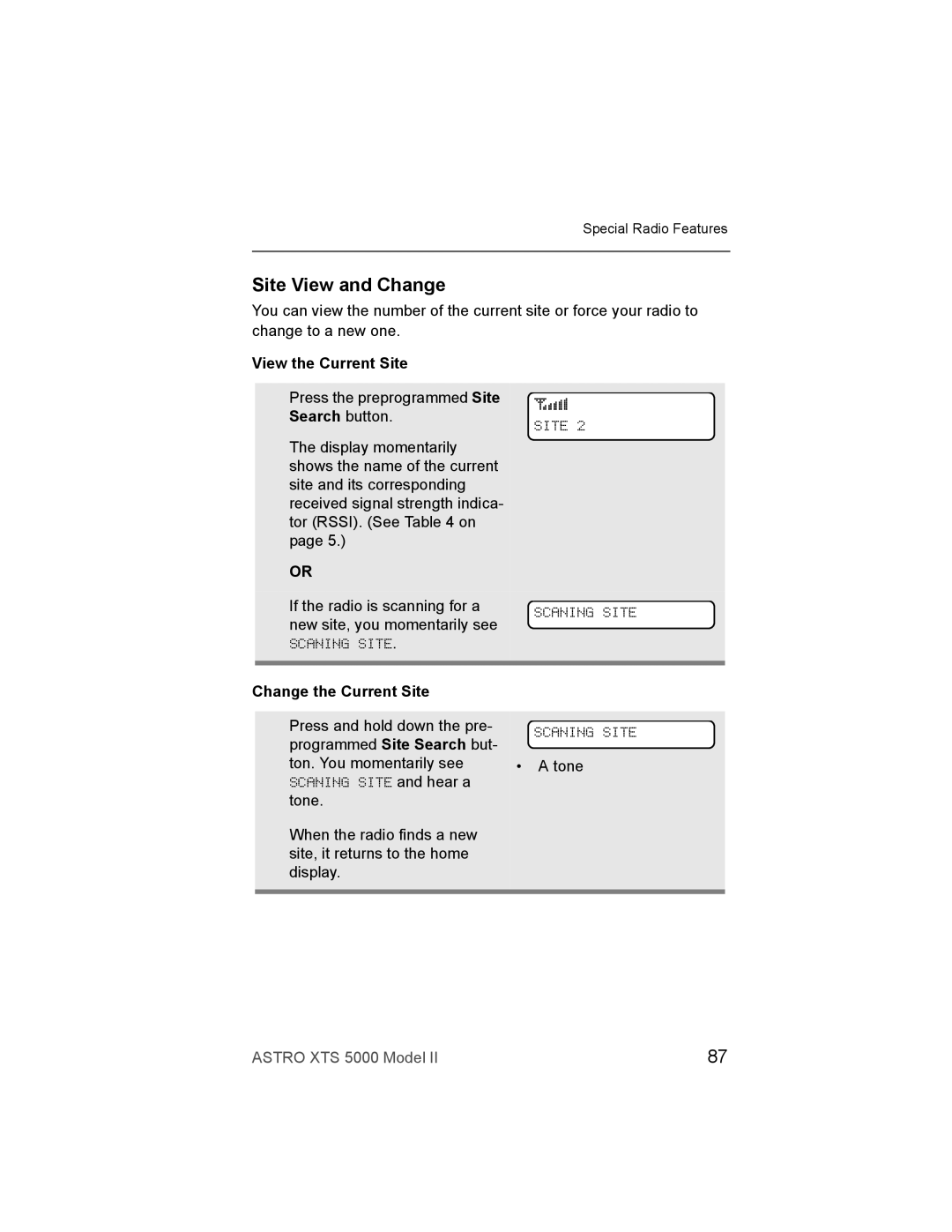 Nikon XTS-5000 manual Site View and Change, View the Current Site, Scaning Site, Change the Current Site 