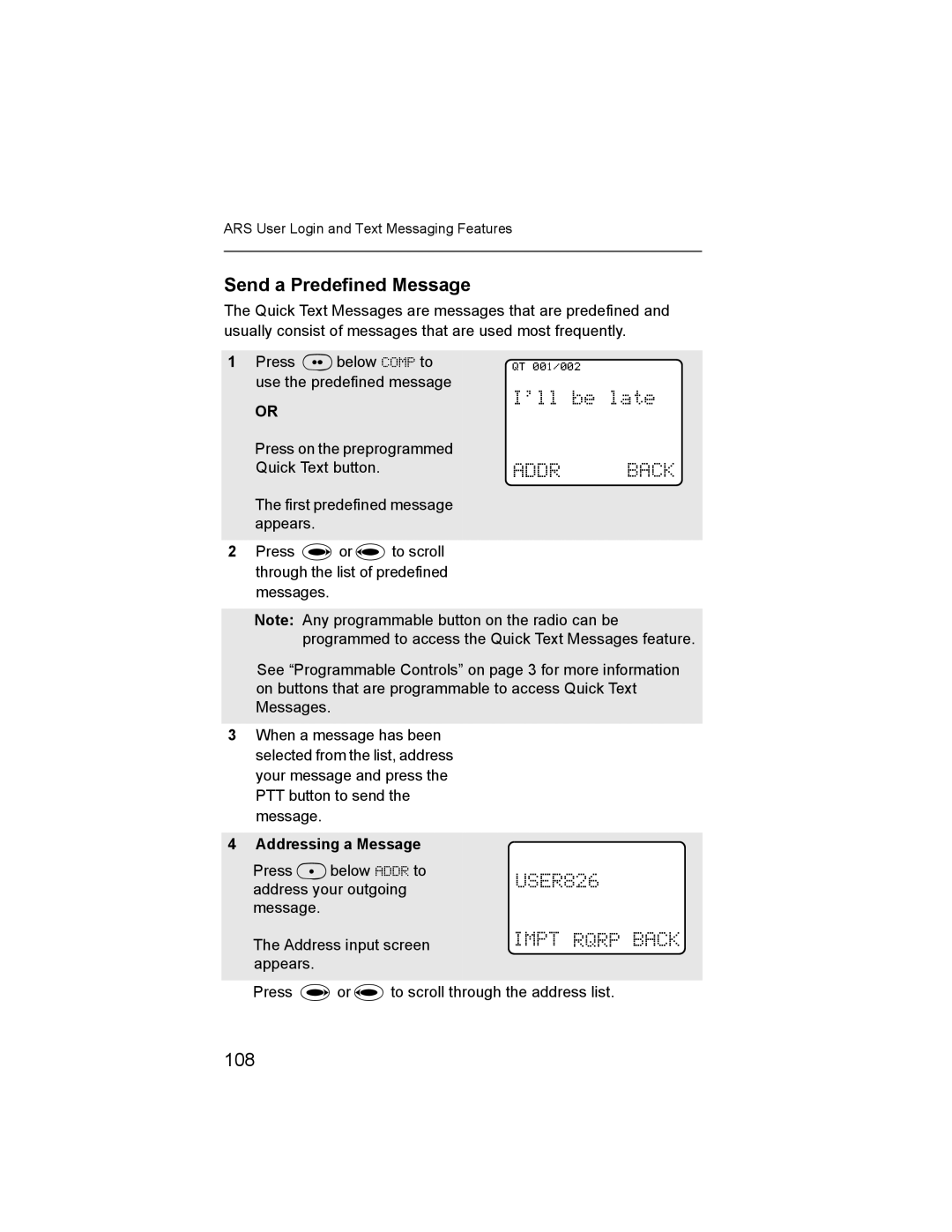 Nikon XTS-5000 manual Send a Predefined Message, 108, Addressing a Message 