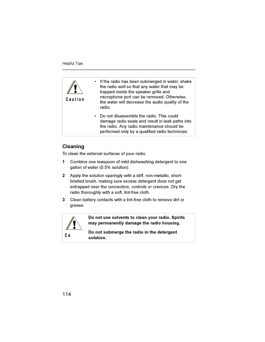 Nikon XTS-5000 manual Cleaning, 114, Do not use solvents to clean your radio. Spirits 