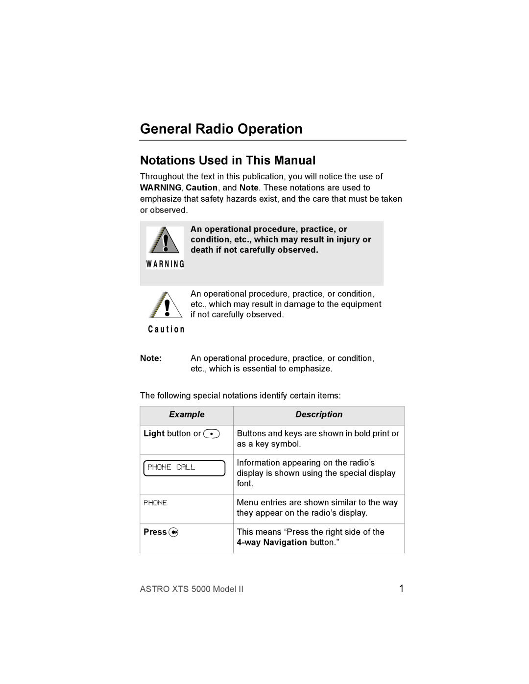 Nikon XTS-5000 manual General Radio Operation, Notations Used in This Manual, Example Description 