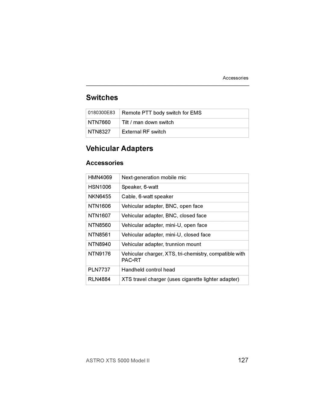 Nikon XTS-5000 manual Switches, Vehicular Adapters, Accessories, 127, Pacrt 