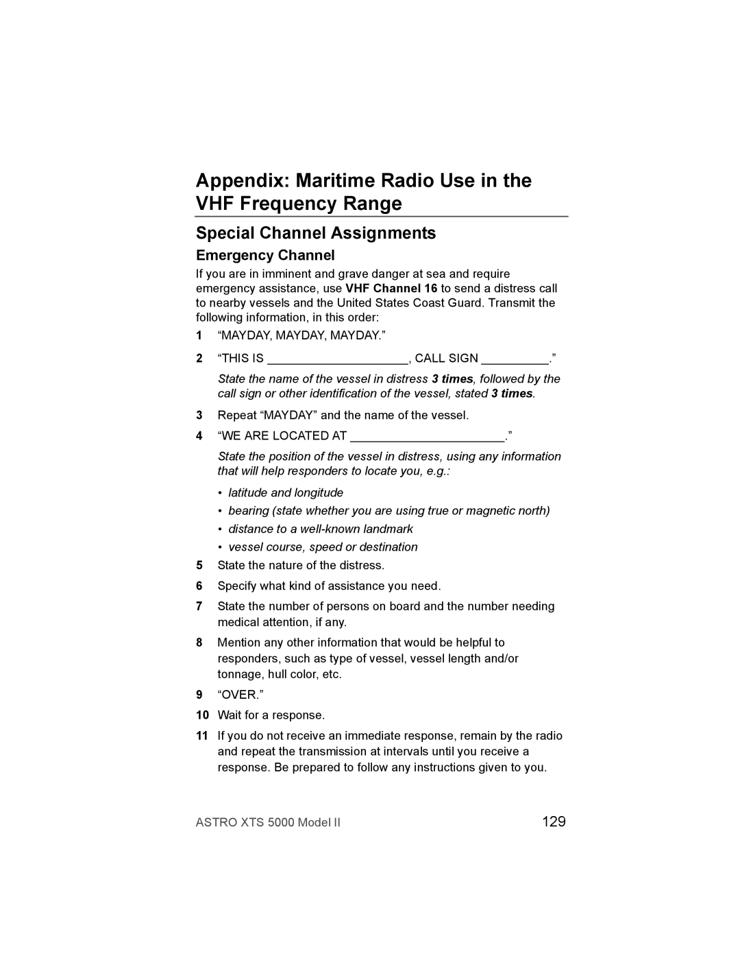 Nikon XTS-5000 Appendix Maritime Radio Use in the VHF Frequency Range, Special Channel Assignments, Emergency Channel, 129 