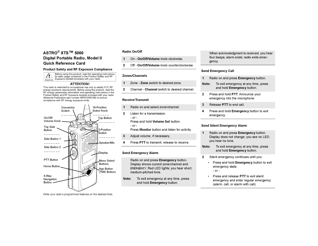 Nikon XTS-5000 manual Astro XTS Digital Portable Radio, Model Quick Reference Card 