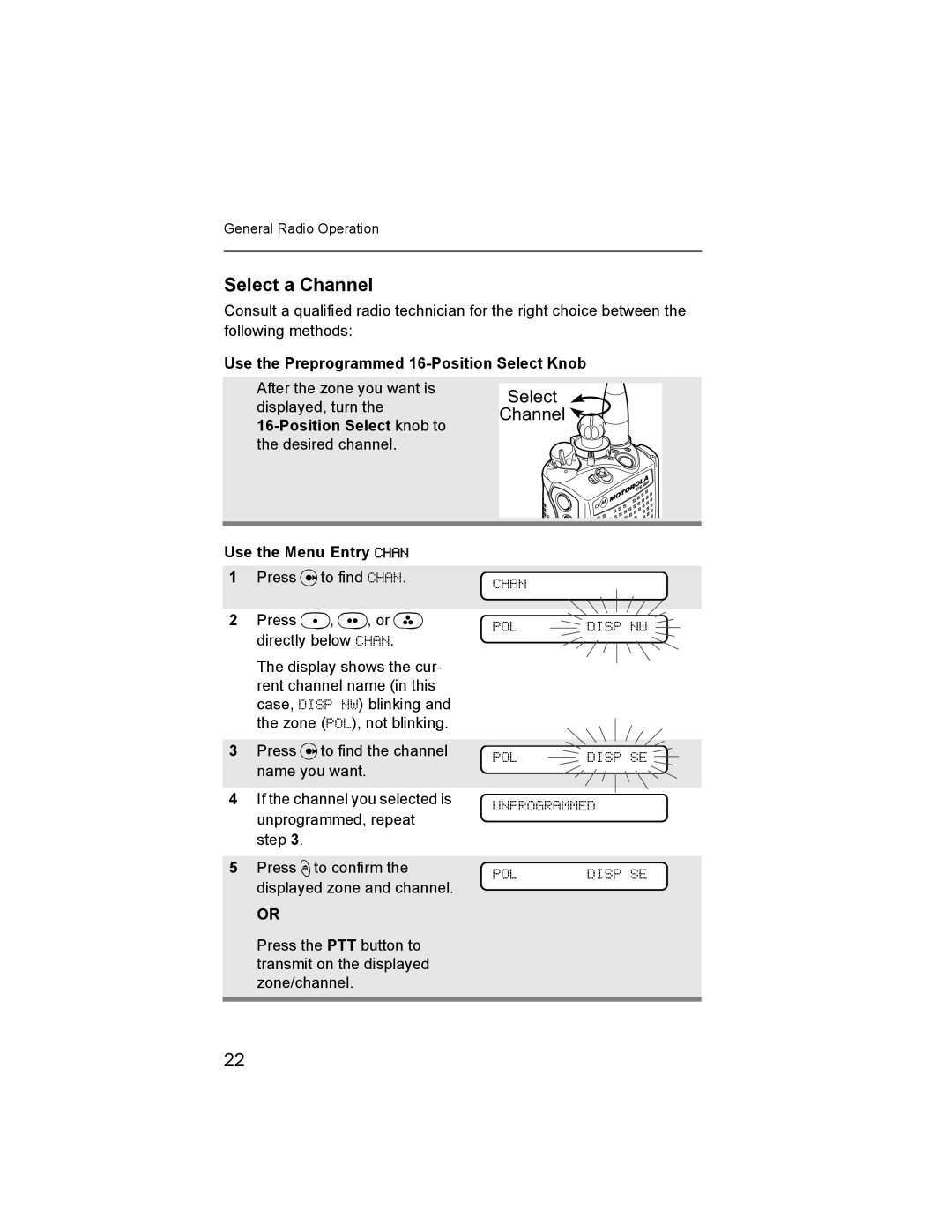 Nikon XTS-5000 manual Select a Channel, Use the Preprogrammed 16-Position Select Knob, Use the Menu Entry Chan 