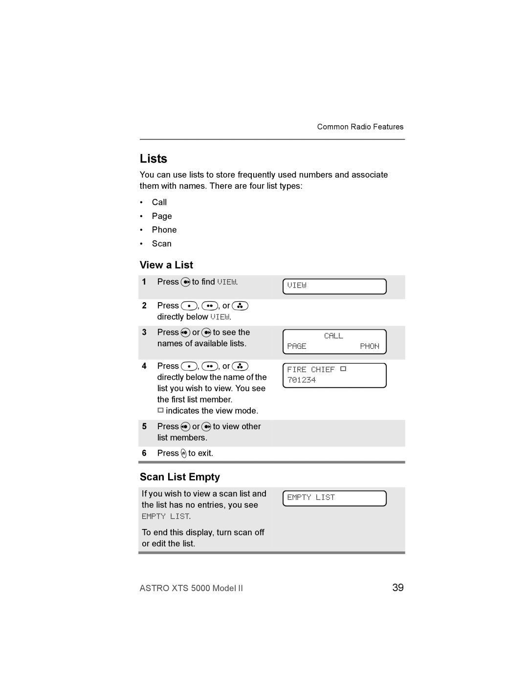 Nikon XTS-5000 manual Lists, View a List, Scan List Empty, View Call Pagephon, Empty List 