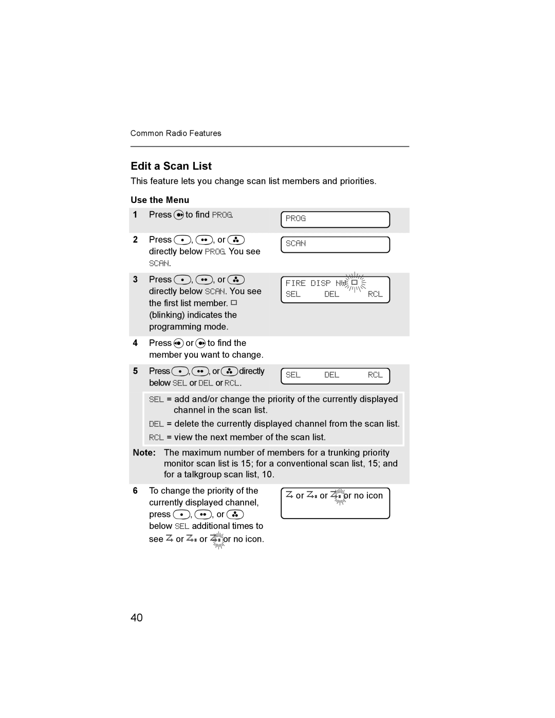 Nikon XTS-5000 manual Edit a Scan List, Prog Scan, Sel Del Rcl 