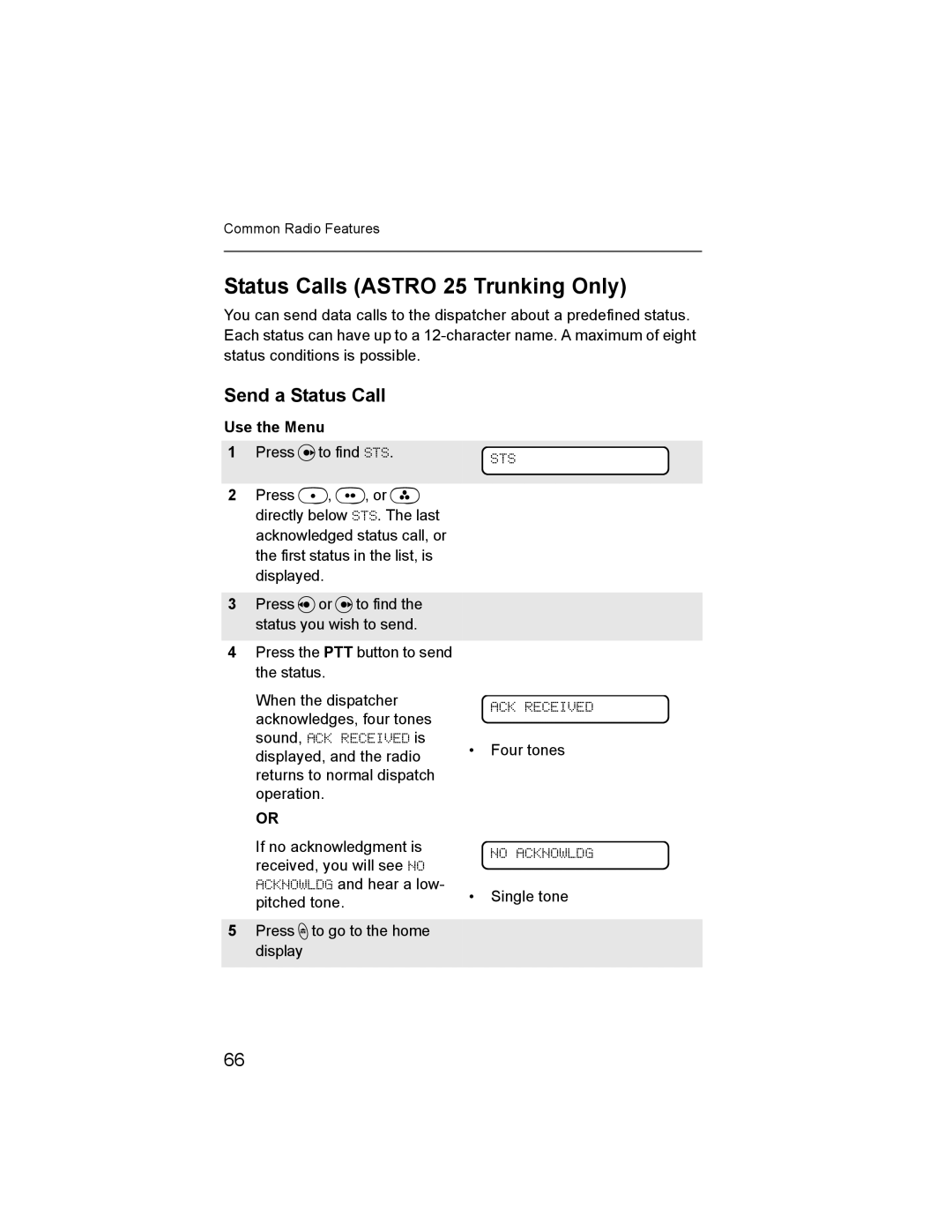 Nikon XTS-5000 manual Status Calls Astro 25 Trunking Only, Send a Status Call, STS ACK Received 