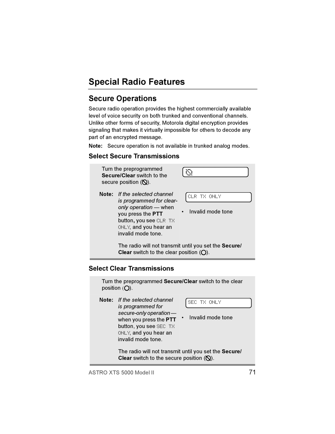 Nikon XTS-5000 manual Special Radio Features, Secure Operations, Select Secure Transmissions, Select Clear Transmissions 