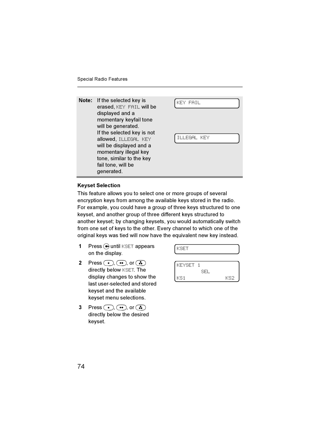 Nikon XTS-5000 manual KEY Fail Illegal KEY, Keyset Selection, Kset, KS1 