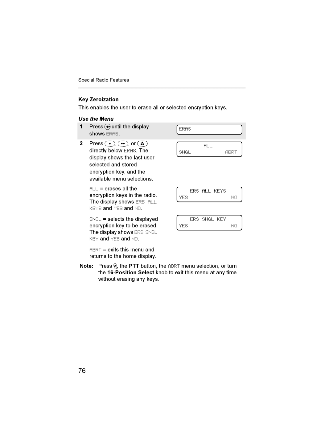 Nikon XTS-5000 manual Key Zeroization, Use the Menu, Press Uuntil the display, ALL Snglabrt ERS ALL Keys Yesno ERS Sngl KEY 