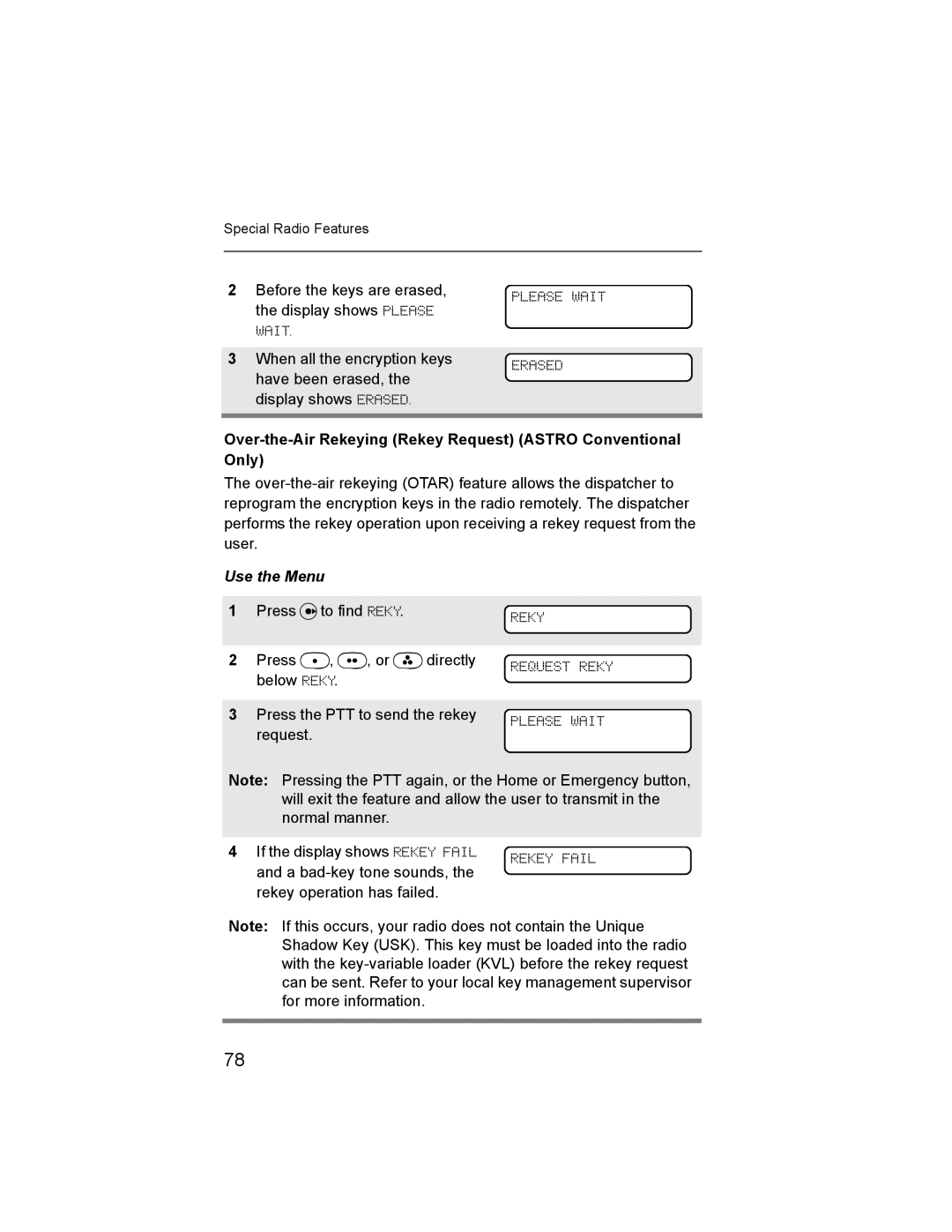 Nikon XTS-5000 manual Please Wait Erased, Over-the-Air Rekeying Rekey Request Astro Conventional Only, Request Reky 