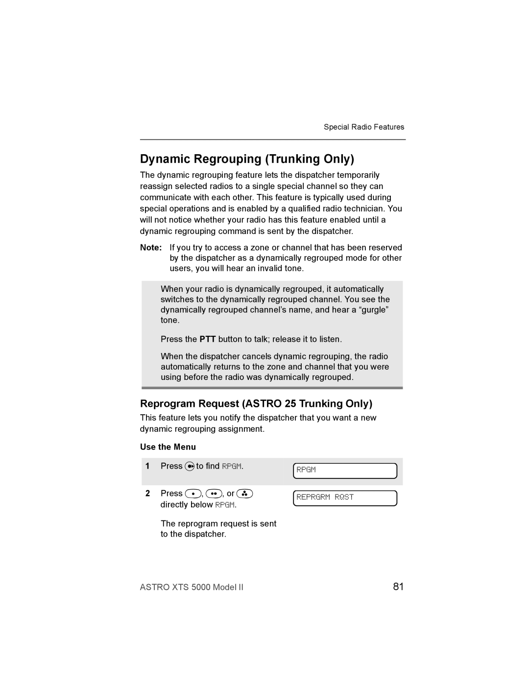 Nikon XTS-5000 manual Dynamic Regrouping Trunking Only, Reprogram Request Astro 25 Trunking Only, Rpgm Reprgrm Rqst 