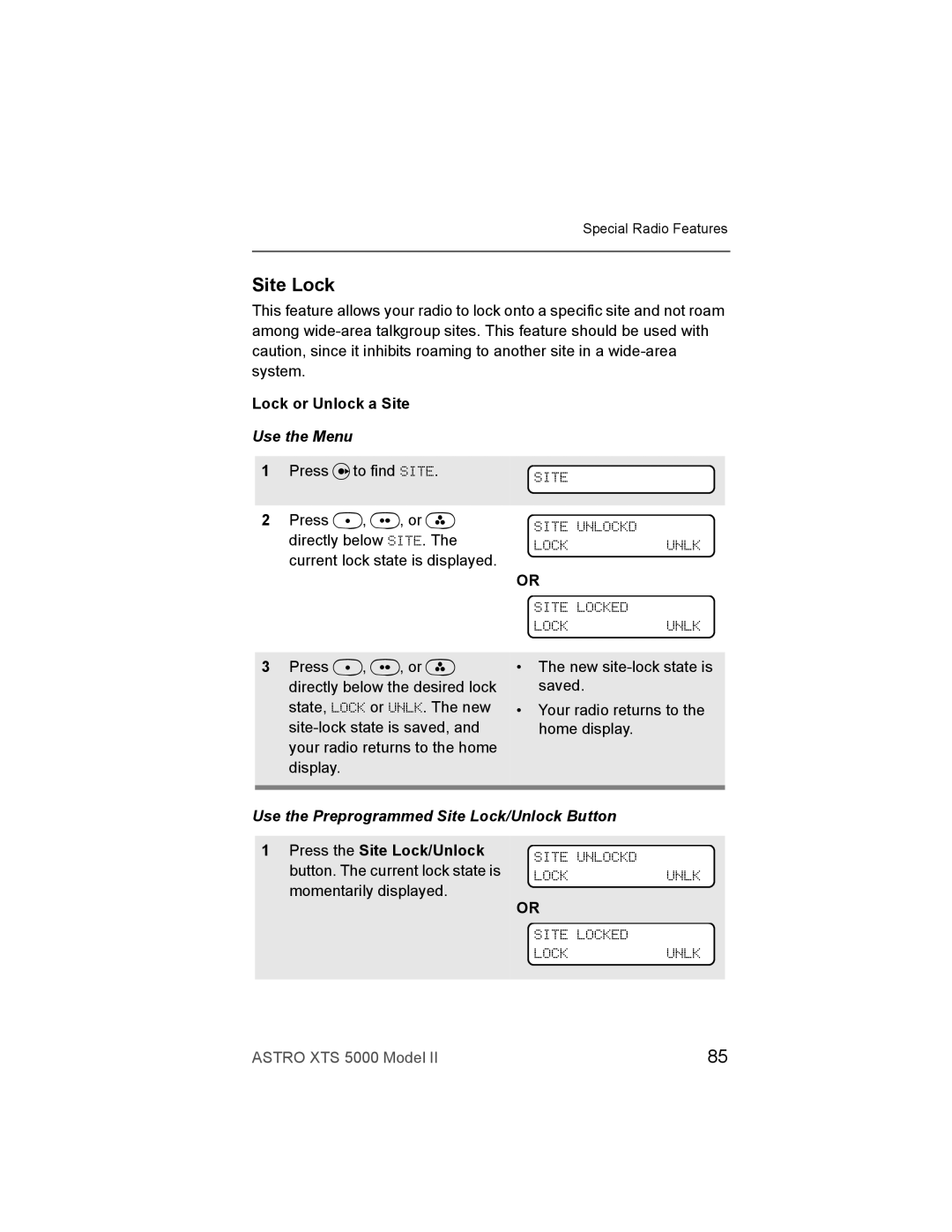 Nikon XTS-5000 manual Lock or Unlock a Site, Use the Preprogrammed Site Lock/Unlock Button, Press the Site Lock/Unlock 