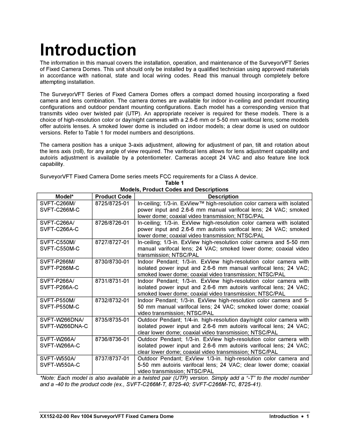 Nikon XX152-02-00 specifications Introduction, Models, Product Codes and Descriptions 