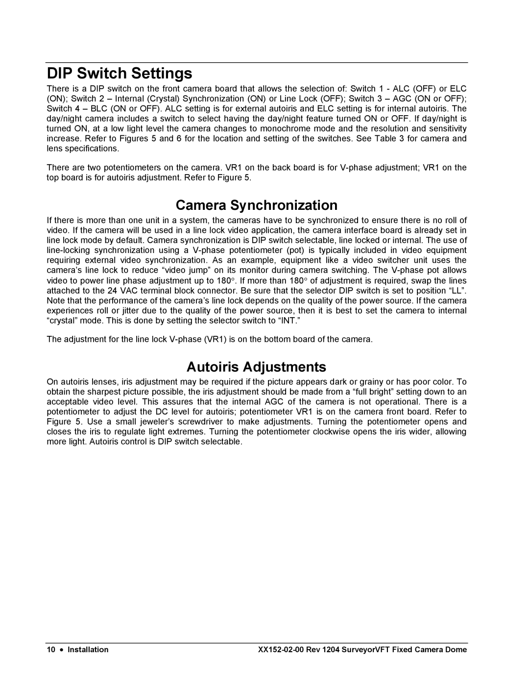 Nikon XX152-02-00 specifications DIP Switch Settings, Camera Synchronization, Autoiris Adjustments 