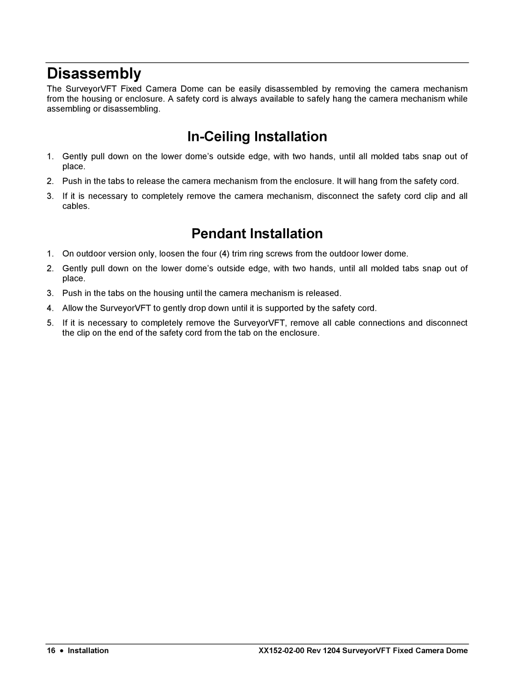 Nikon XX152-02-00 specifications Disassembly, In-Ceiling Installation, Pendant Installation 