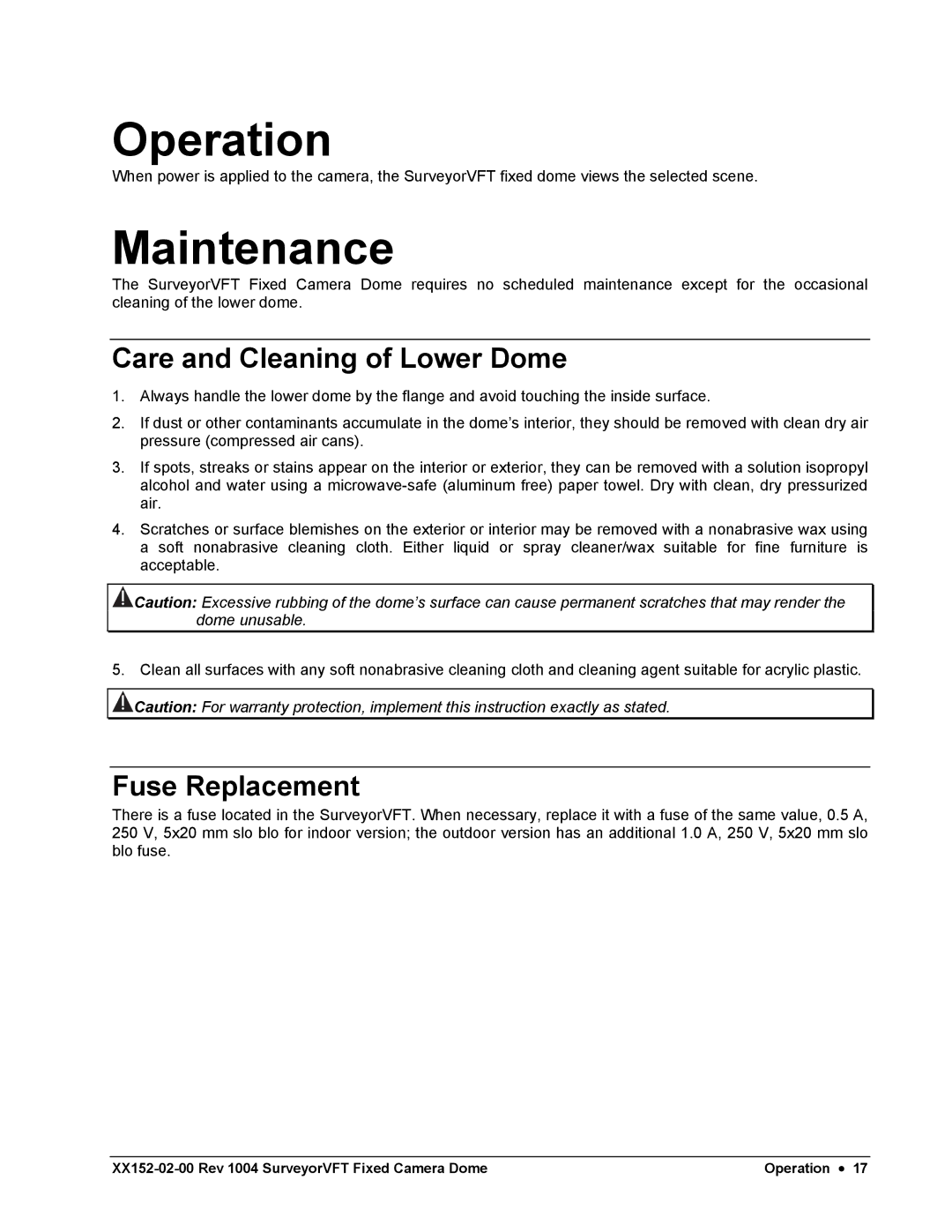 Nikon XX152-02-00 specifications Operation, Maintenance, Care and Cleaning of Lower Dome, Fuse Replacement 