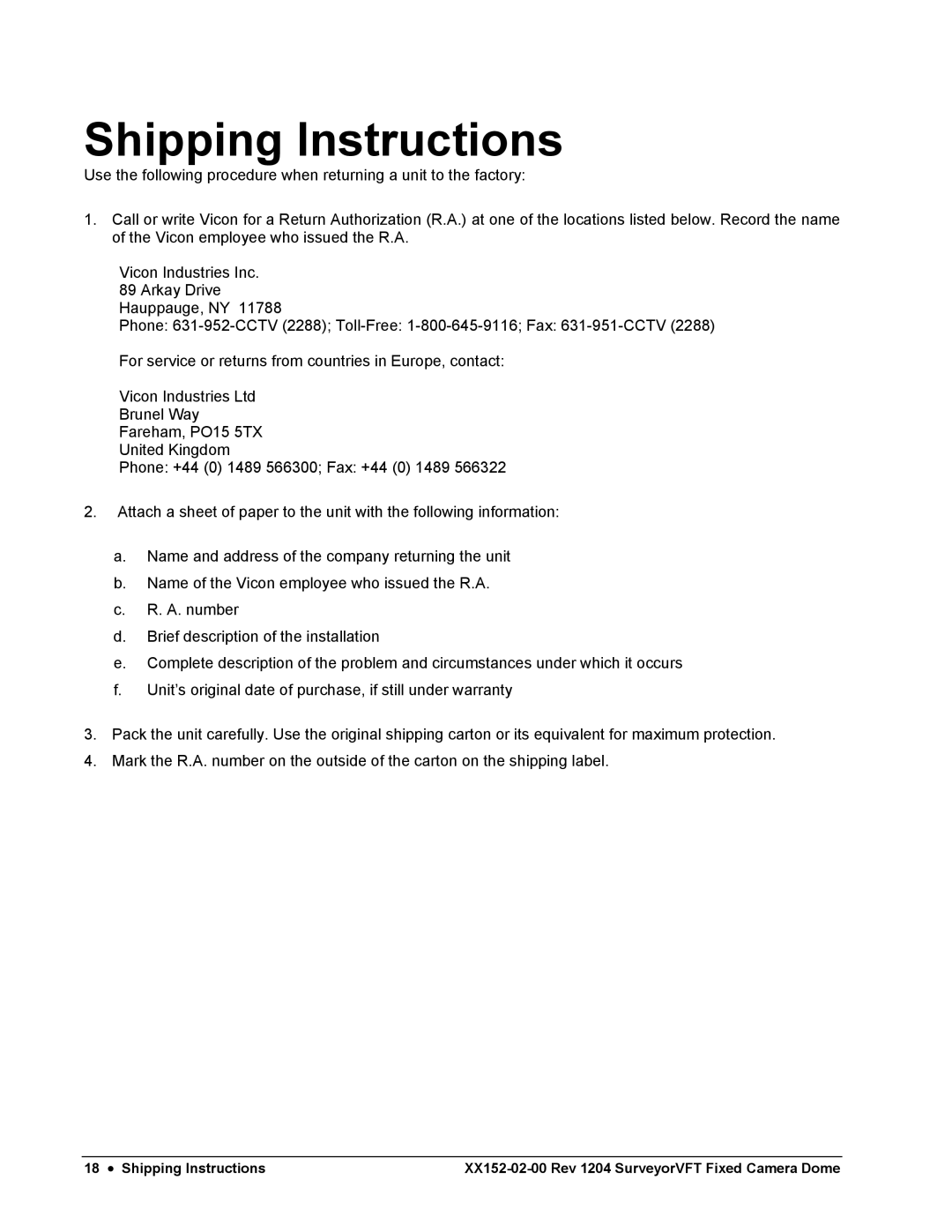 Nikon XX152-02-00 specifications Shipping Instructions 