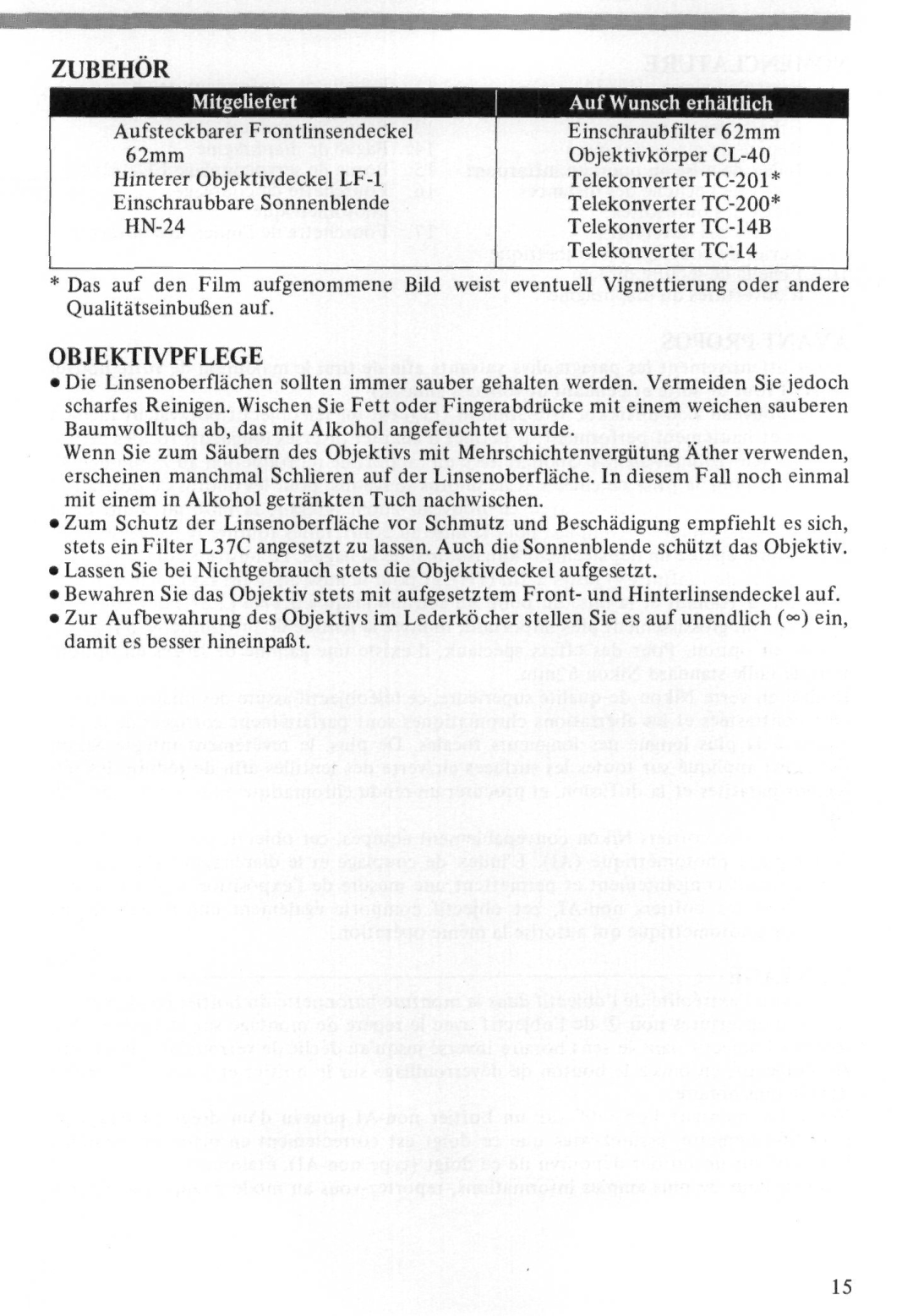 Nikon Zoom-Nikkor 100-300mm f/5.6 instruction manual Zubehor, Objektivpflege, Mitgeliefert 