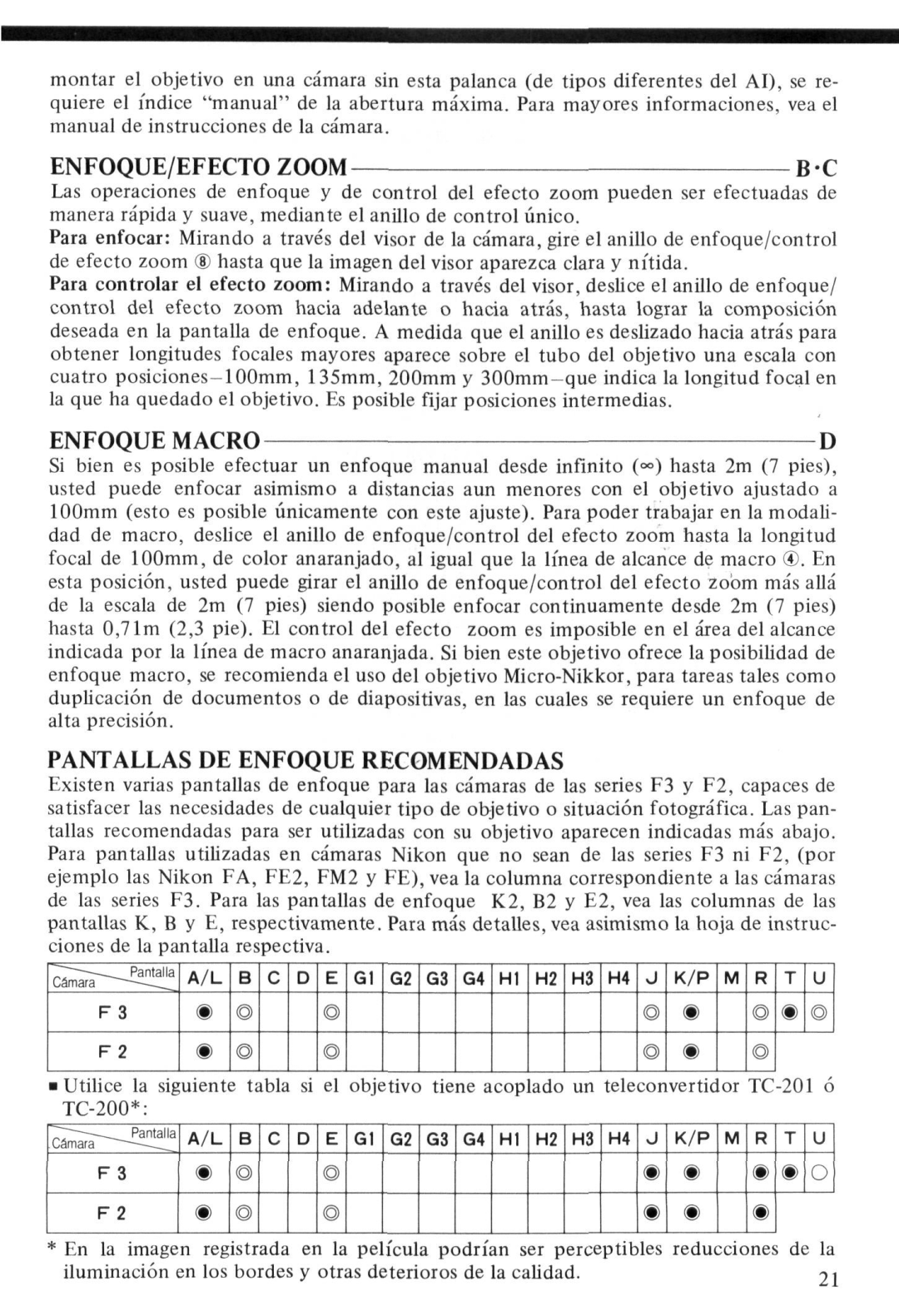 Nikon Zoom-Nikkor 100-300mm f/5.6 instruction manual ENFOQUE/EFECTO Zoom, Enfoque Macro 