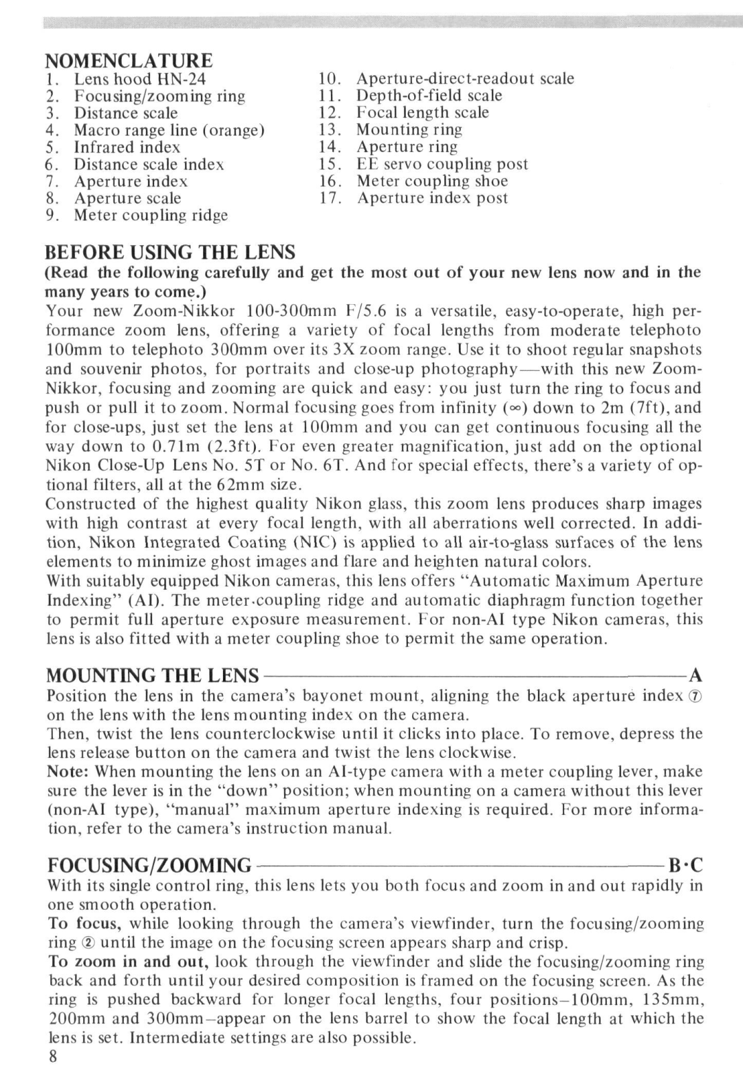 Nikon Zoom-Nikkor 100-300mm f/5.6 Nomenclature, Before Using the Lens, Mounting the Lens, Focusing/Zooming 