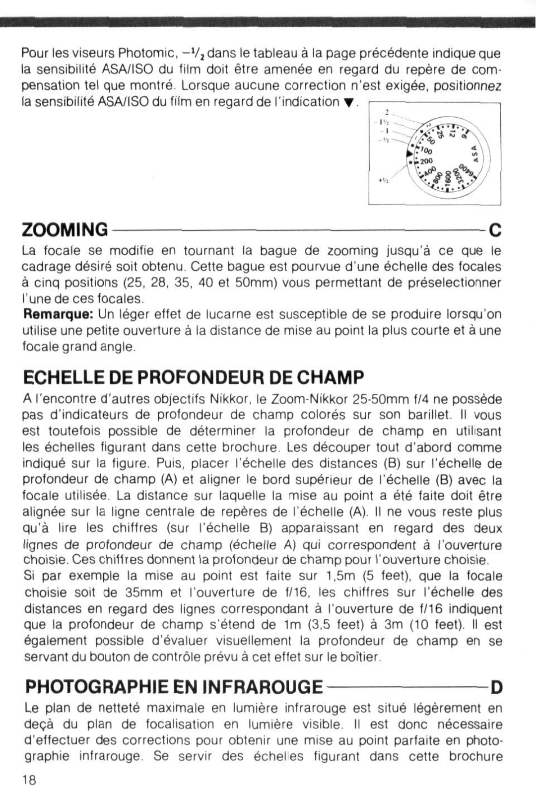 Nikon Zoom-Nikkor 25-50mm f/4 instruction manual Zooming, Echelle DE Profondeur DE Champ 