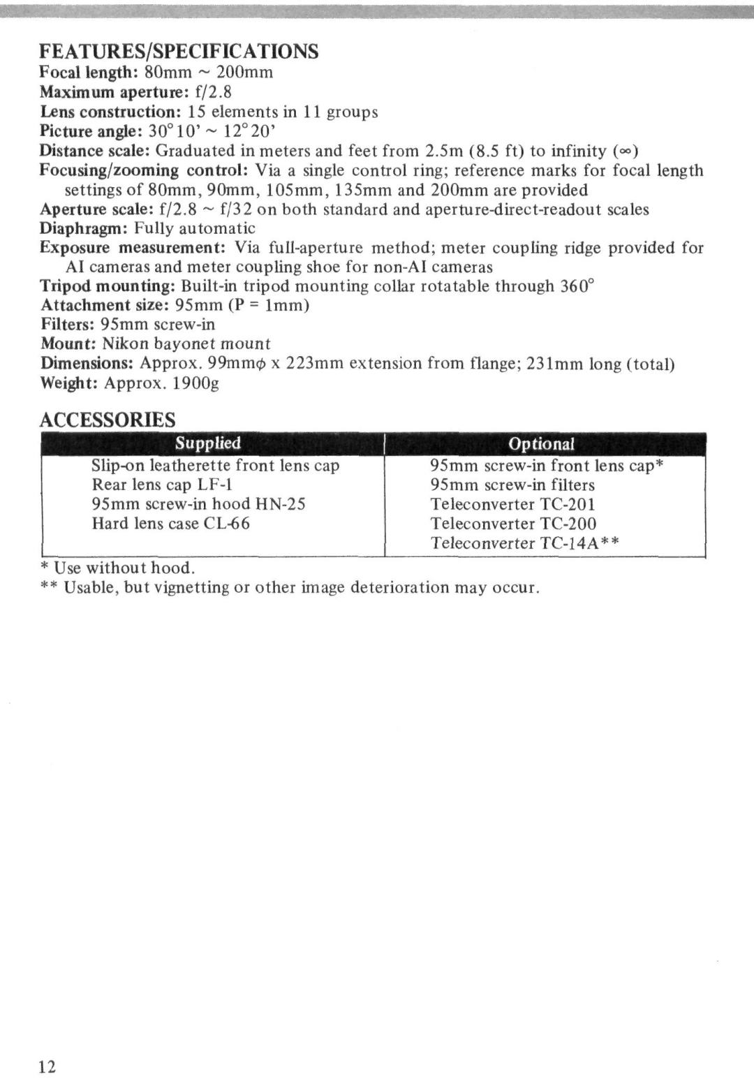 Nikon Zoom-Nikkor ED 80-200mm f/2.8 instruction manual Features/Specifications, Accessories 