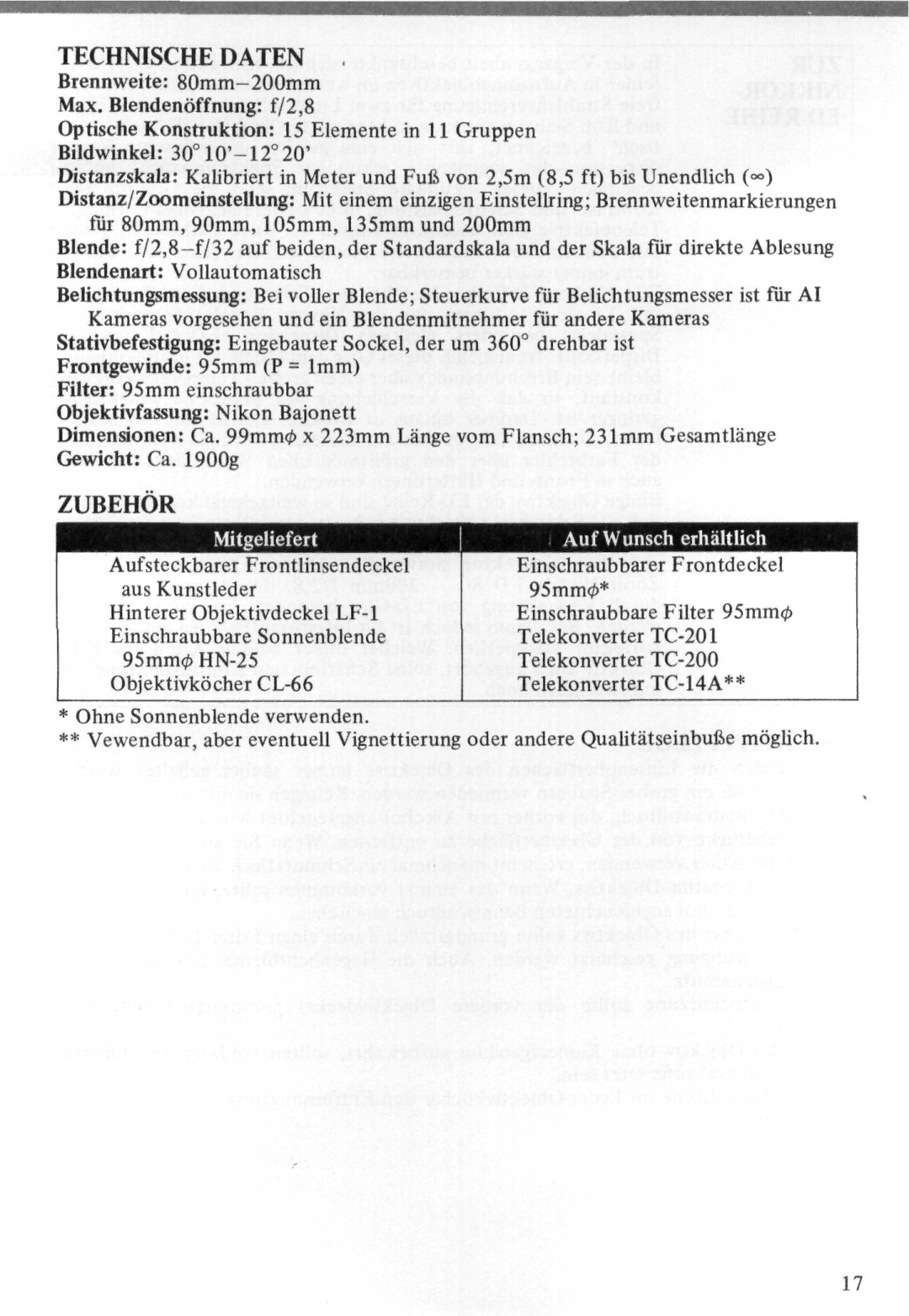 Nikon Zoom-Nikkor ED 80-200mm f/2.8 instruction manual Technische Daten, Zubehor 