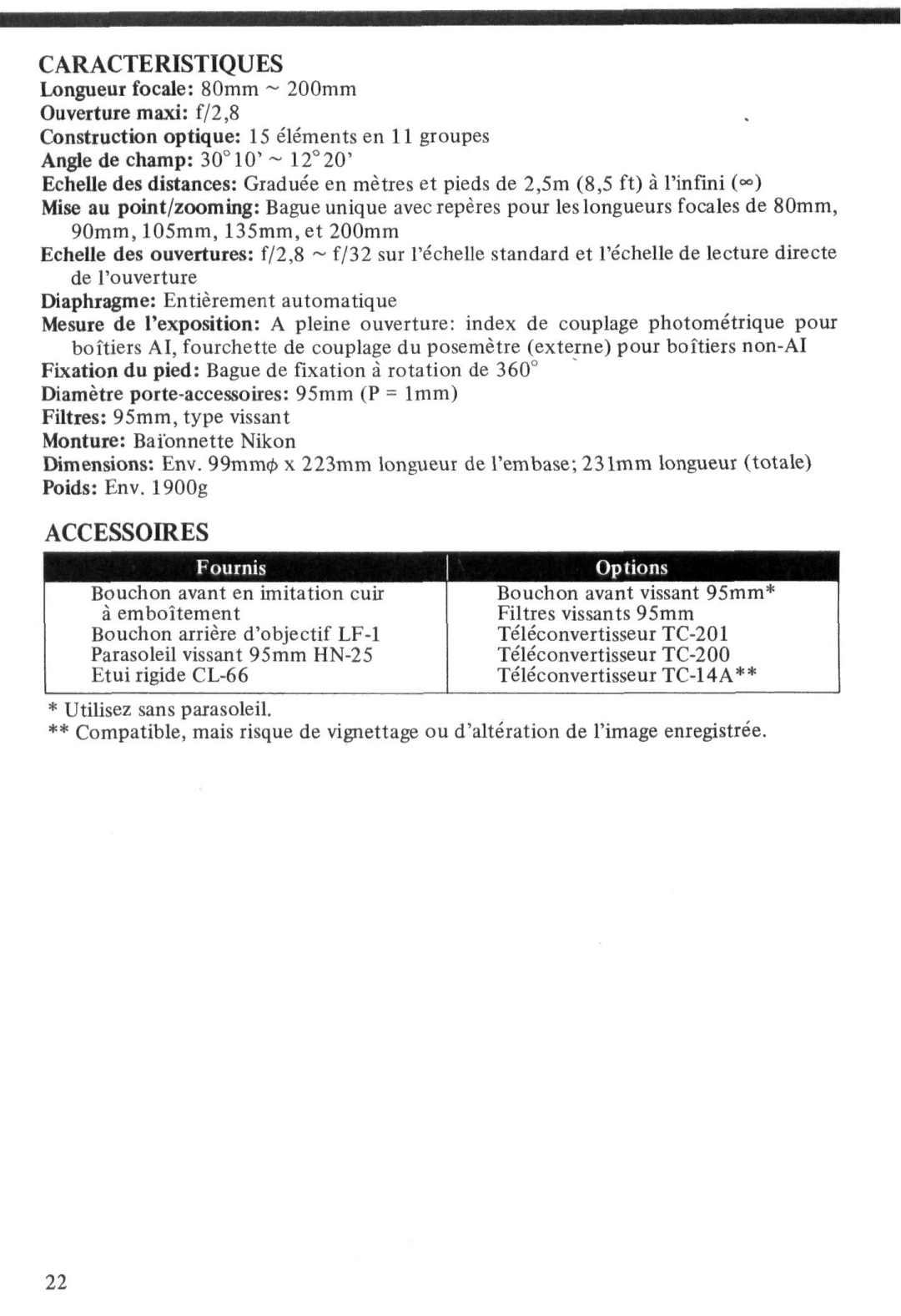 Nikon Zoom-Nikkor ED 80-200mm f/2.8 instruction manual Caracteristiques, Accessoires 
