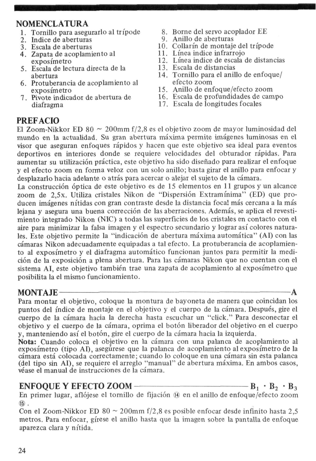 Nikon Zoom-Nikkor ED 80-200mm f/2.8 instruction manual Nomenclatura, Prefacio, Montajea, Enfoque Y Efecto Zoom 