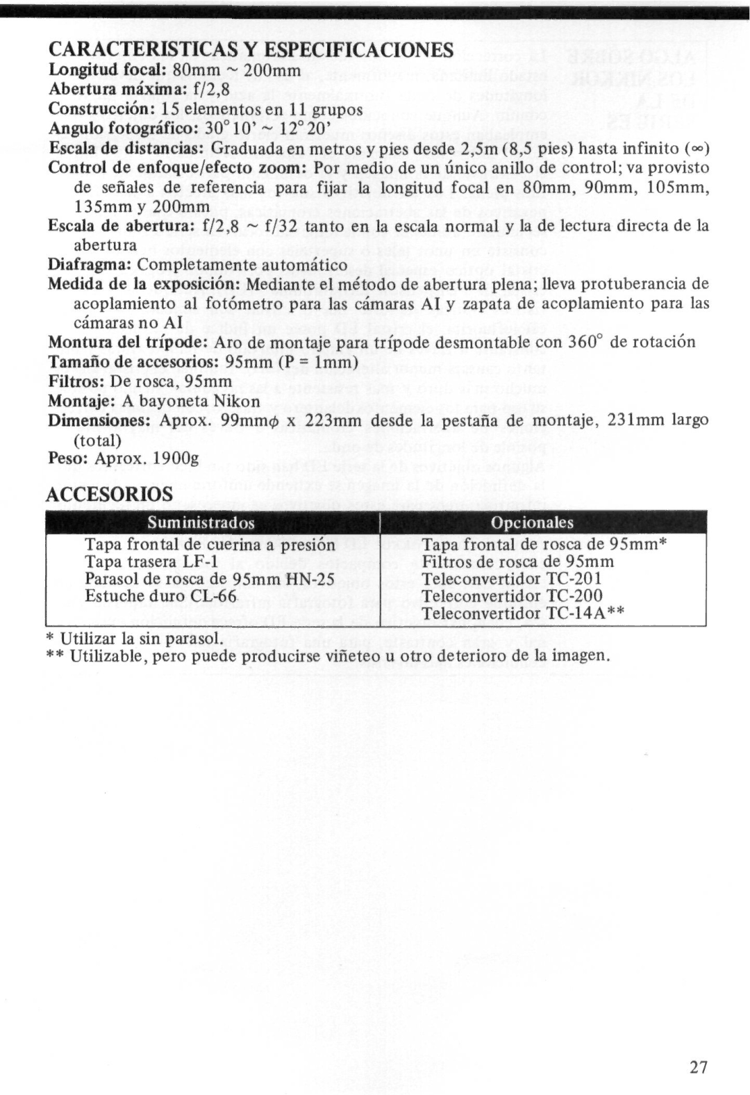 Nikon Zoom-Nikkor ED 80-200mm f/2.8 instruction manual Caracteristicas Y Especificaciones, Accesorios 