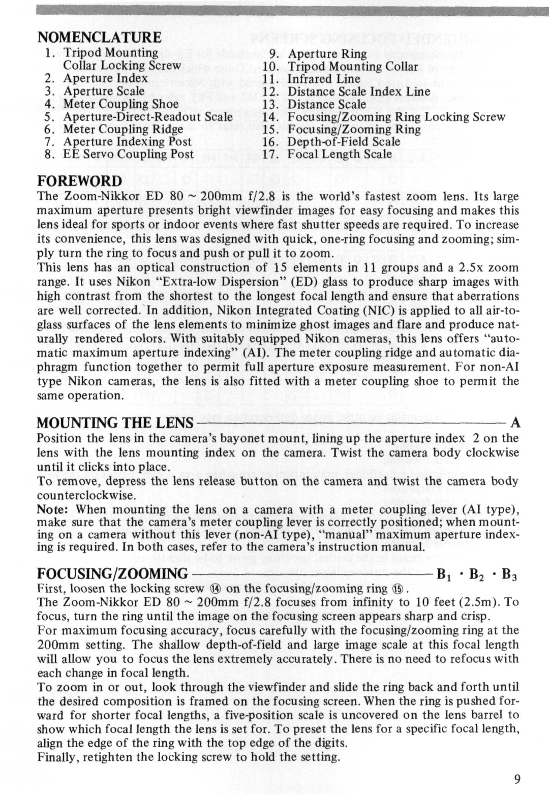 Nikon Zoom-Nikkor ED 80-200mm f/2.8 instruction manual Nomenclature, Foreword, Mounting the Lens, Focusing/Zooming 