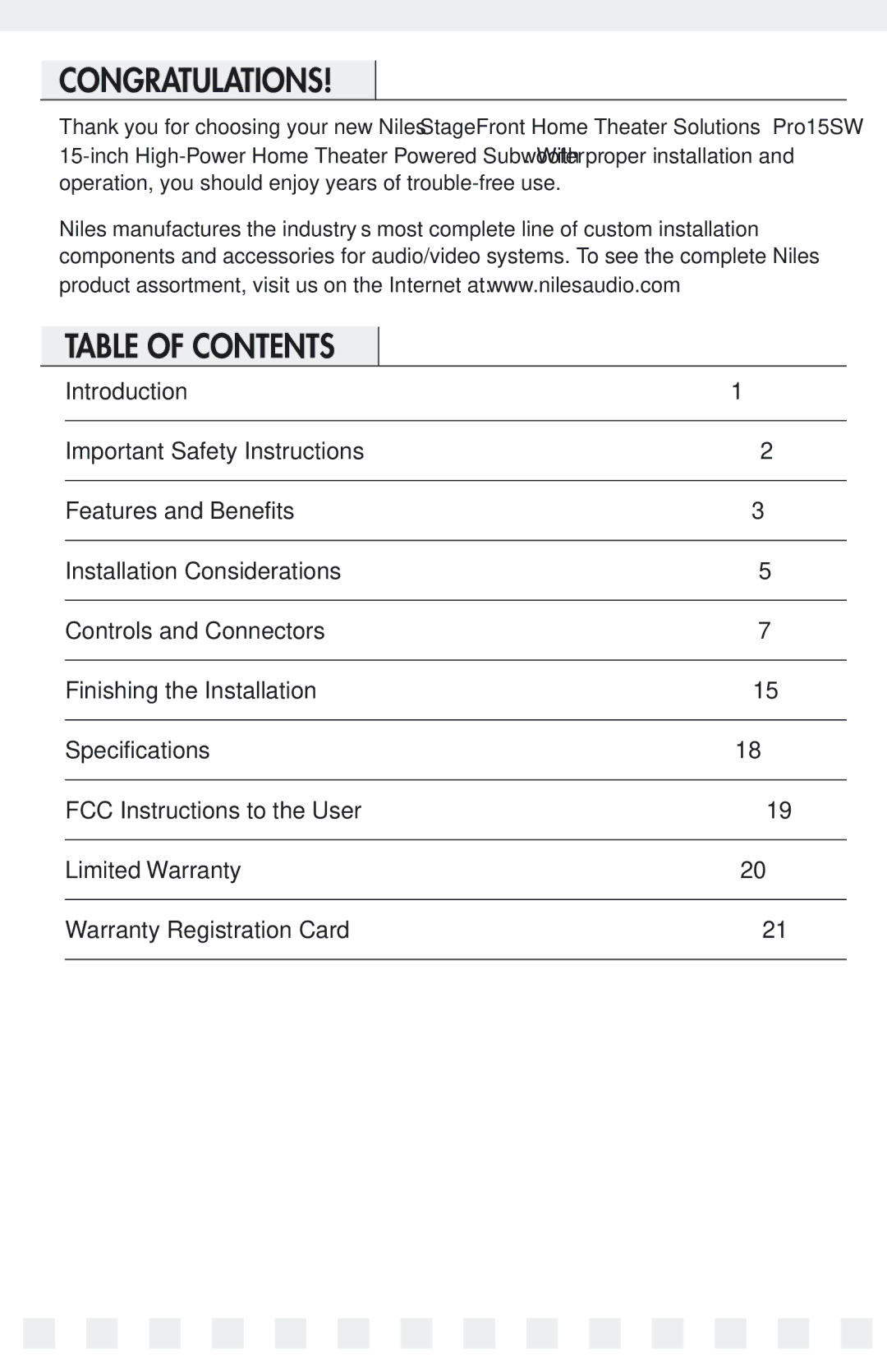 Niles Audio 15SW manual Congratulations, Table of Contents 